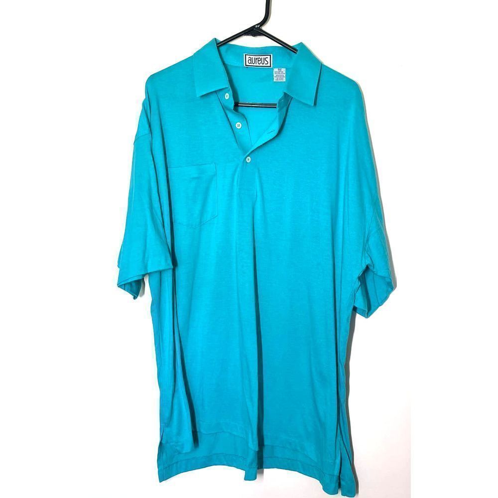 VTG Aureus Mens Single Stitch XXL Teal Blue Polo Shirt Embroidered Sleeve‎